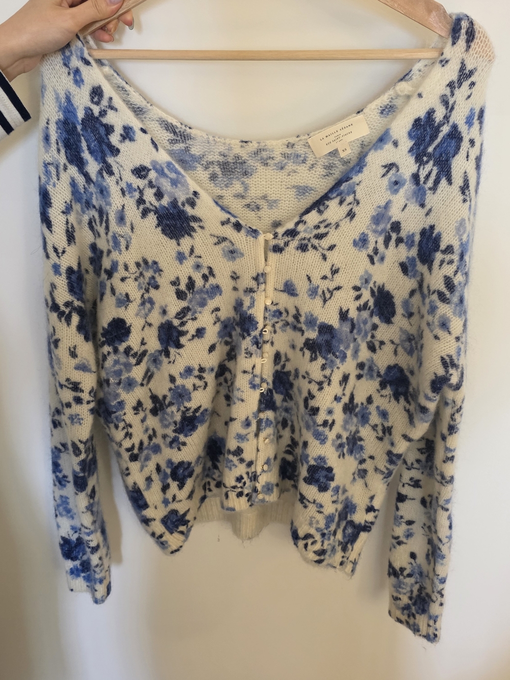 Sezane Lisette Cardigan - Blue Peonies/Floral Button-Front V-Neck Cardigan